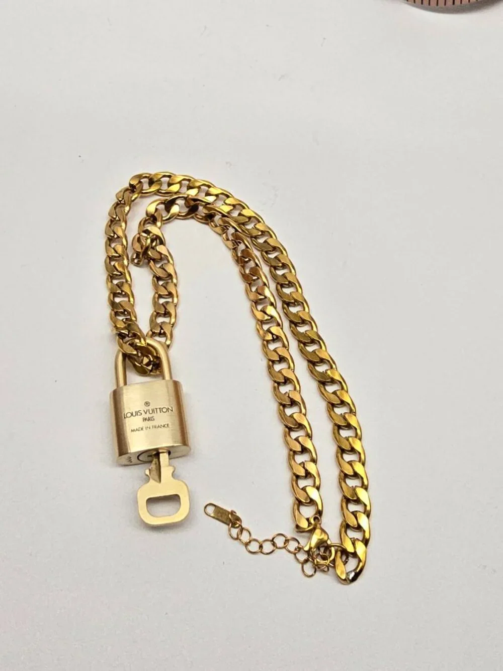 Authentic Louis Vuitgon Gold Padlock Pendant w/ Unbranded Cuban Stainless Steel